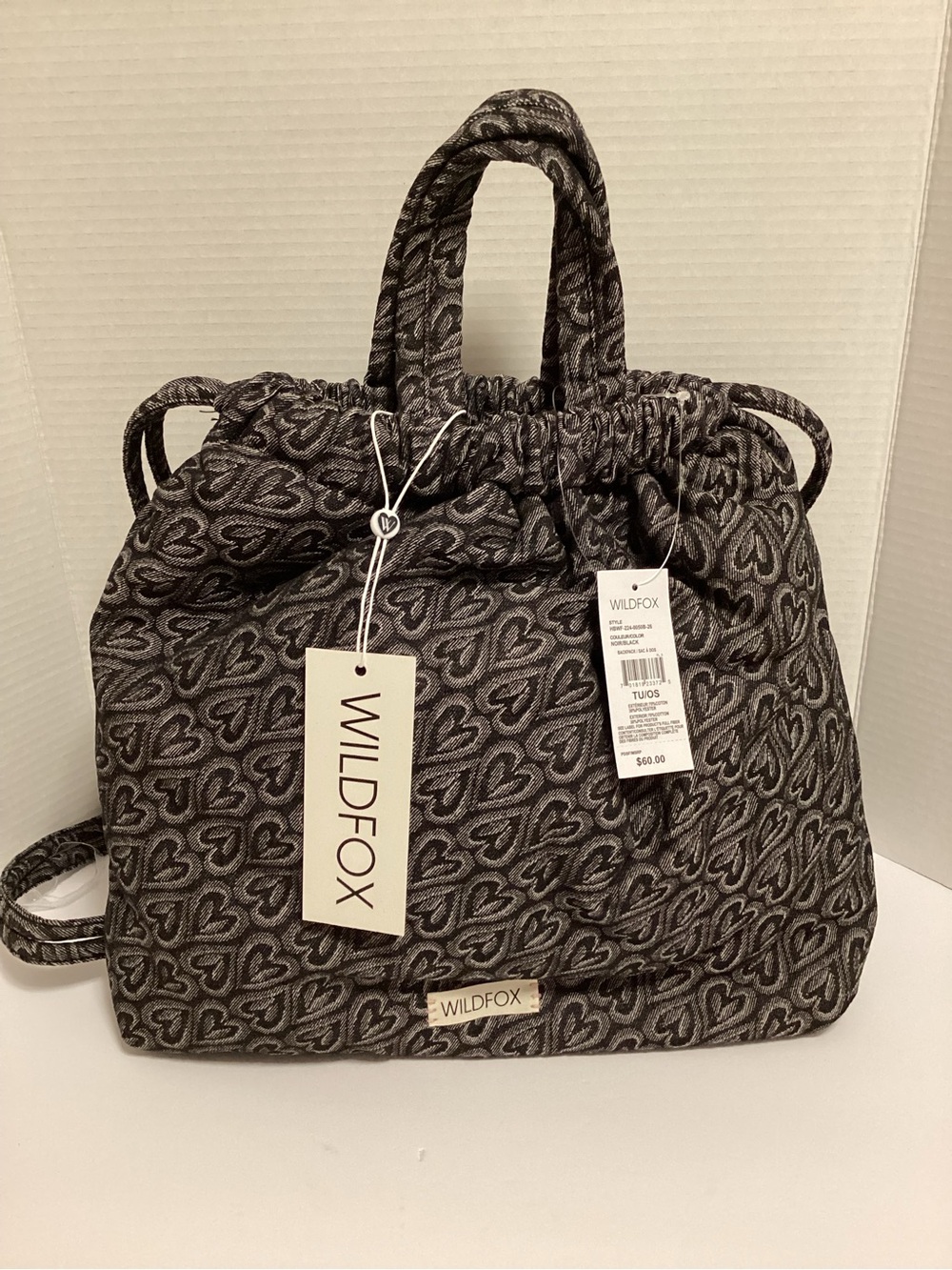 Wildfox Charcoal Heart Jacquard Drawstring Backpack, NWT